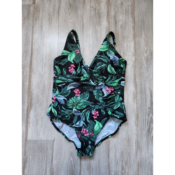 Kona Sol Tie Front Tummy Control One Piece Swimsuit Full Coverage Floral Sz 18 - Picture 2 of 9